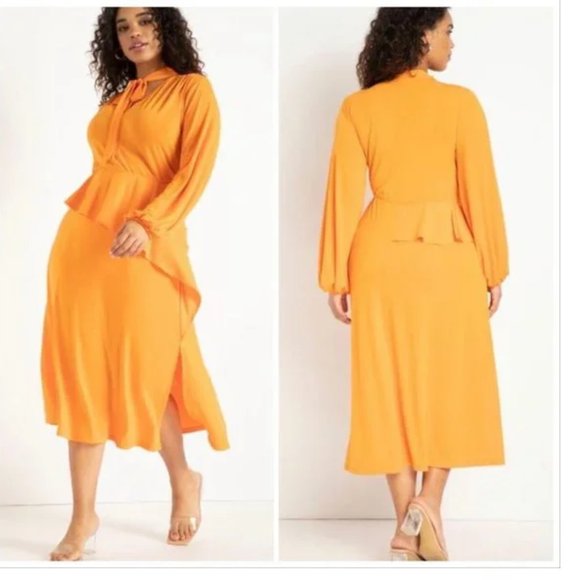 Plus Size 26, 4X Orange ELOQUII Dress Tie Neck Asymmetrical Peplum Long Sleeve - Picture 1 of 5